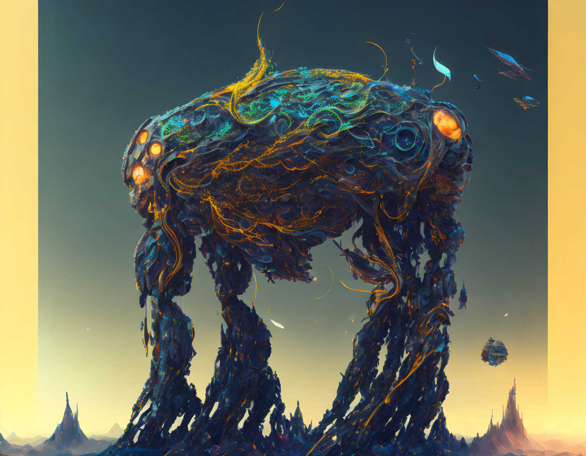 Glowing textured creature with elongated tentacles in surreal setting