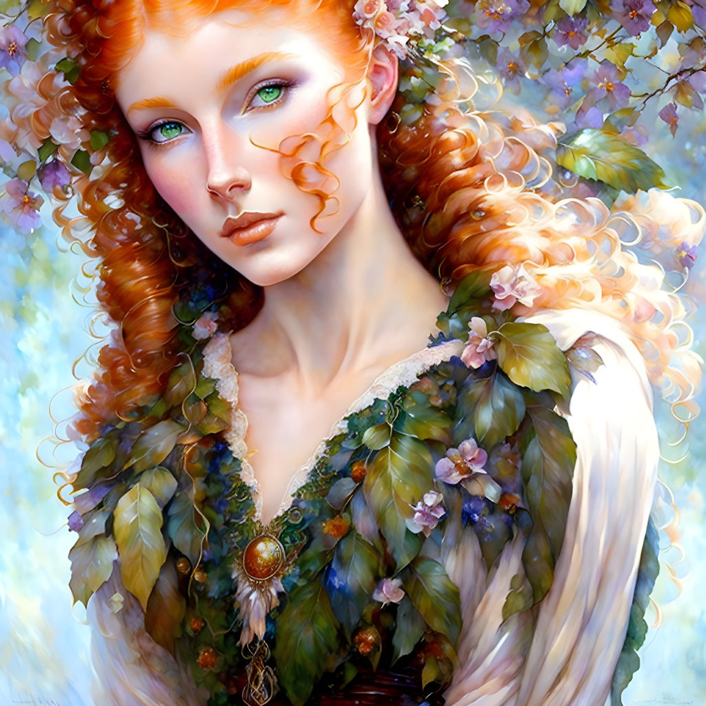 Illustration of woman with red curled hair, green eyes, flowers in hair, leafy dress