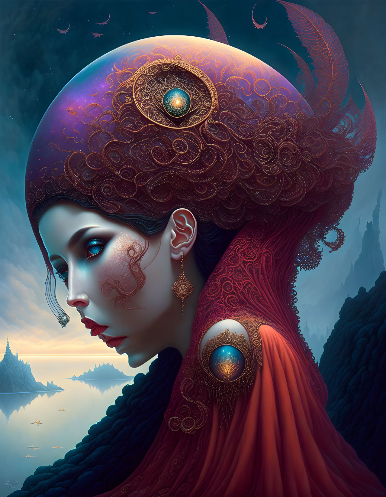 Elaborate red and gold headdress fantasy portrait with glowing blue orbs