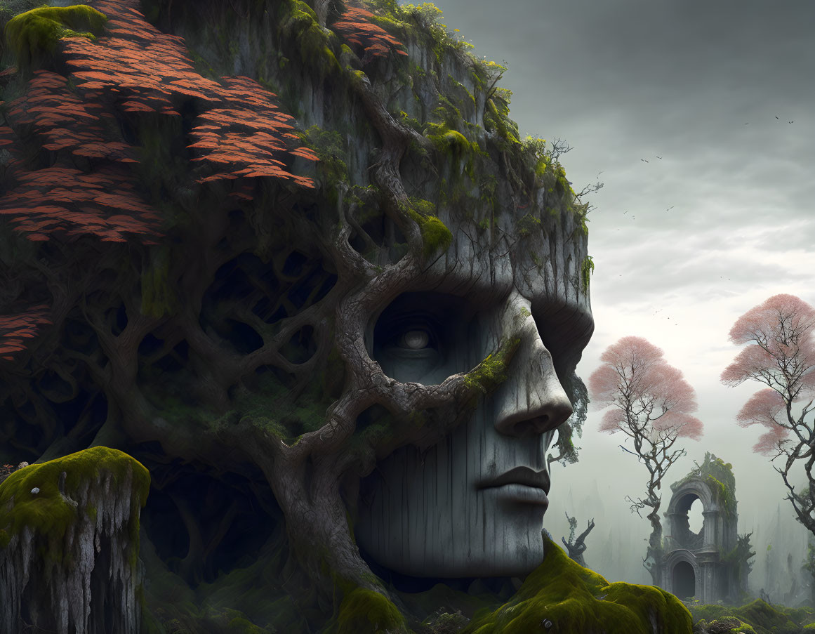 Mystical landscape with giant stone face, moss-covered trees, and ancient archway