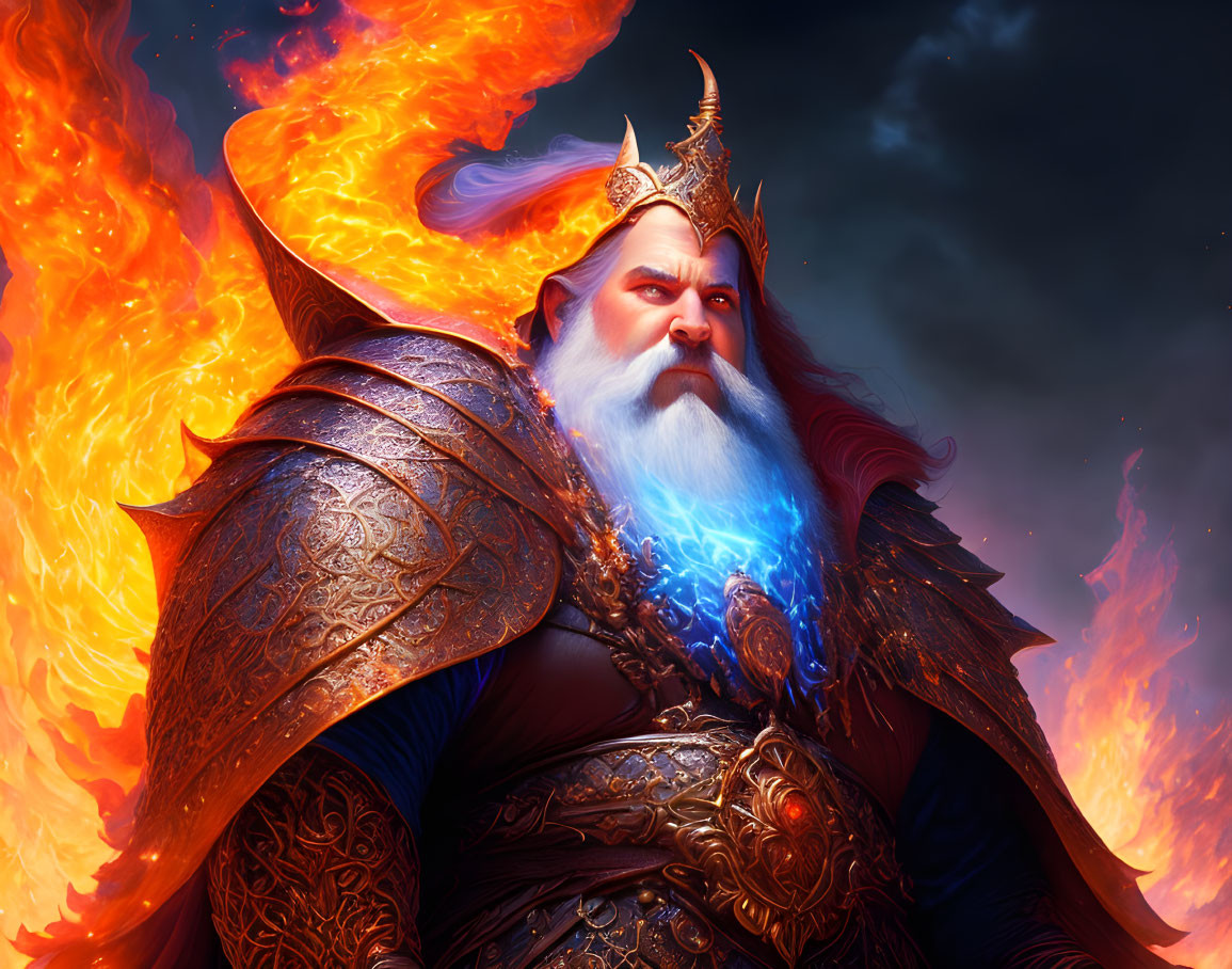 Fantasy king with blue orb, fiery wings, and ornate armor.