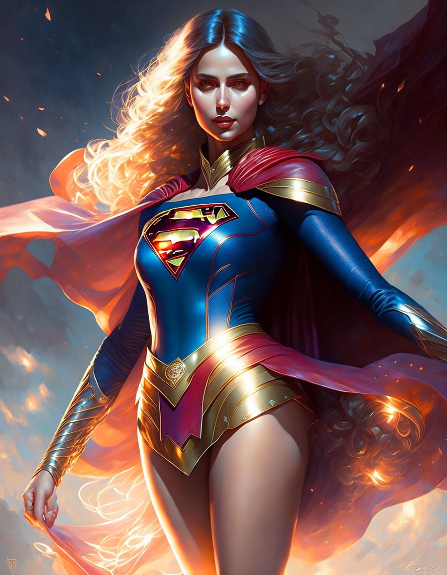 Female superhero with long hair in blue and red costume with Superman emblem