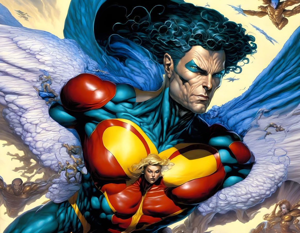 Muscular male character with blue-black hair and white wings in colorful superhero costume.