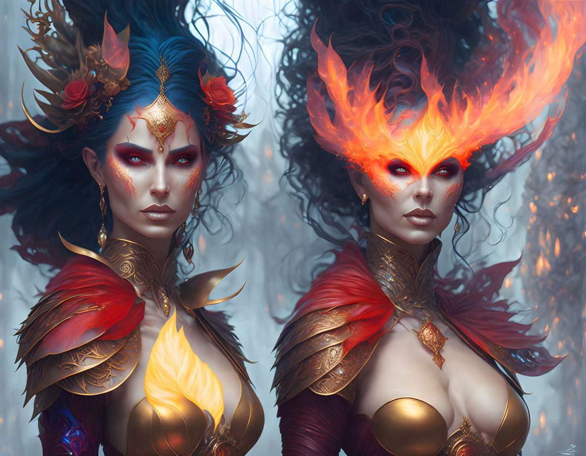 Intricate fantasy characters in blue and red hues in mystical forest