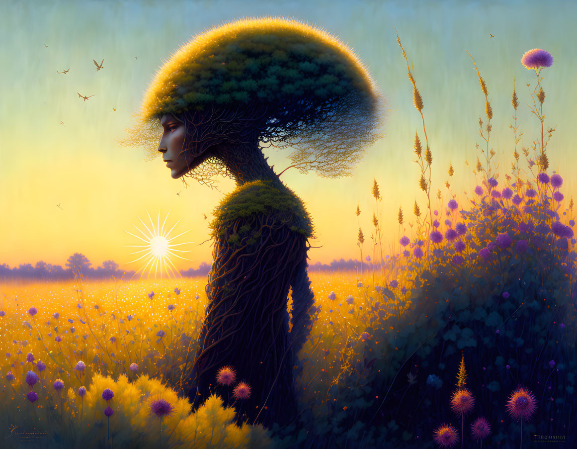 Surreal illustration: woman with tree hair in flower field at sunset