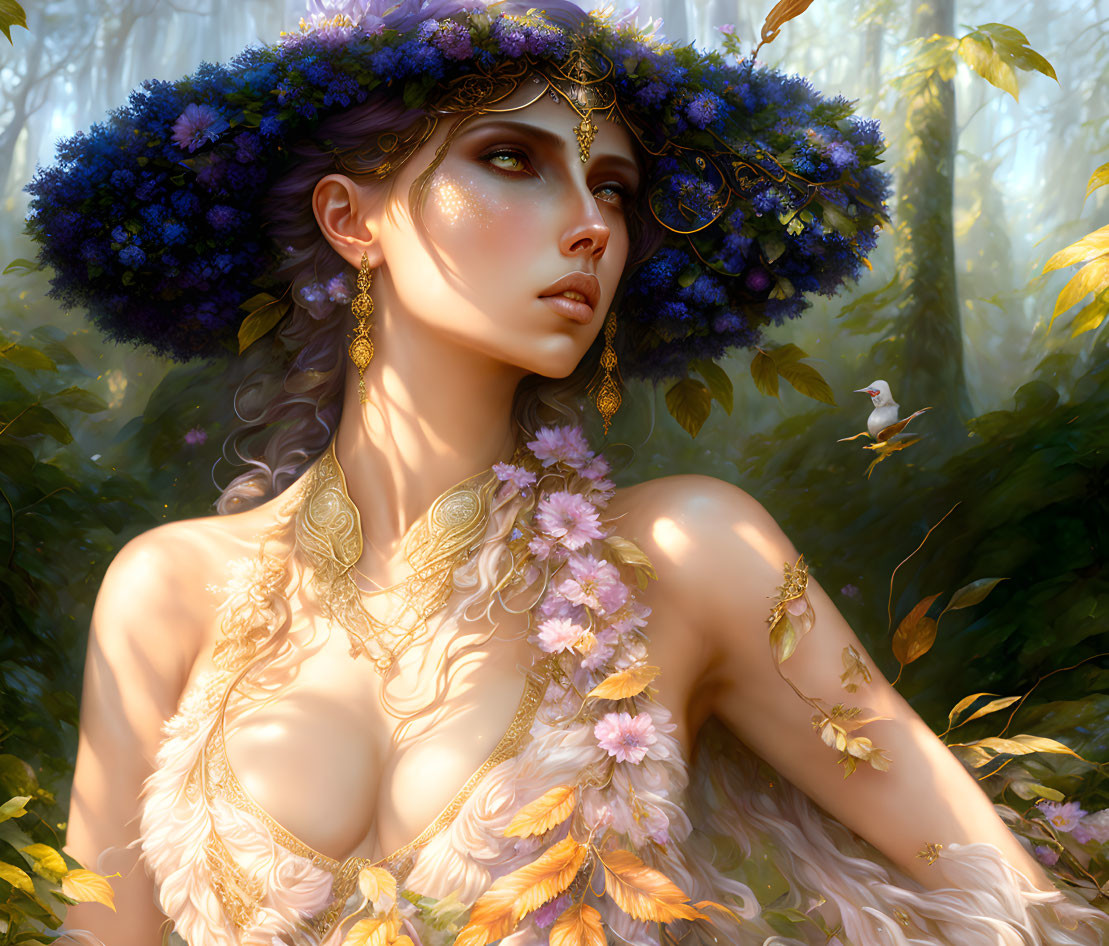 Woman with floral crown and gold jewelry in ethereal forest setting