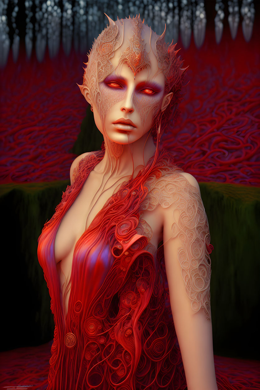 Intricate red and gold designs on figure with purple eyes in surreal red landscape