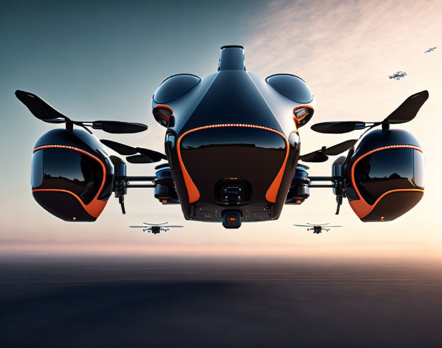 Sleek black and orange multiple-rotor drone flying at dawn