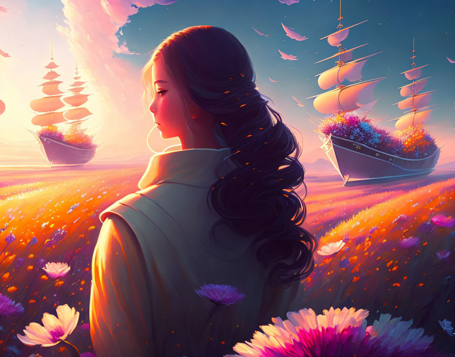 Woman admires surreal sunset with floating garden ships in vibrant floral landscape