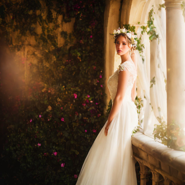 Bride in white dress with floral crown near sunlit vine-covered wall