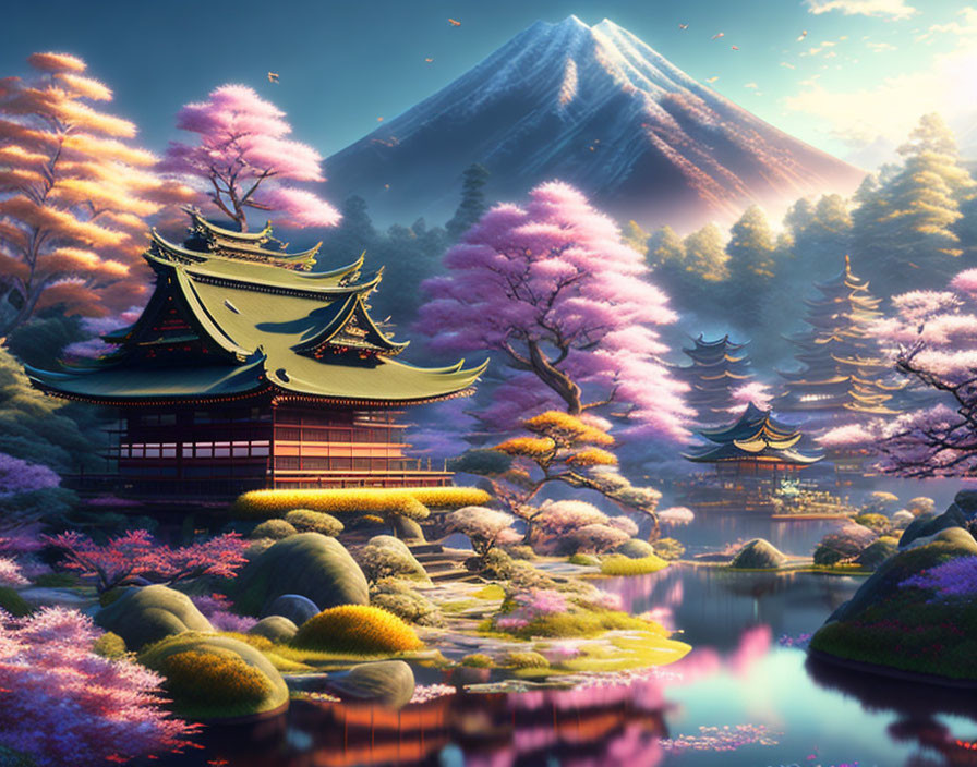 Traditional Japanese temple with cherry blossoms and Mount Fuji at sunrise