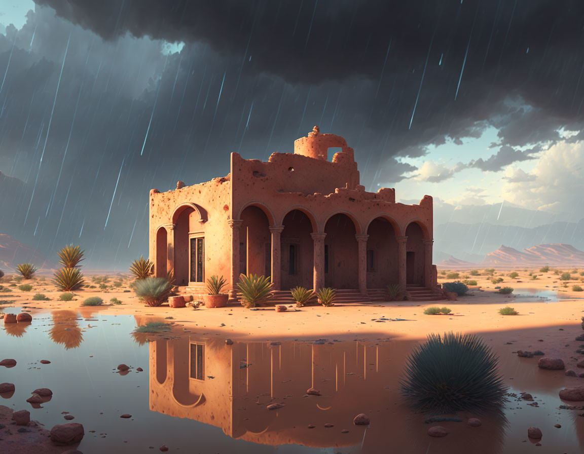 Weathered ancient building with arches reflected in desert puddle under dramatic rain sky.