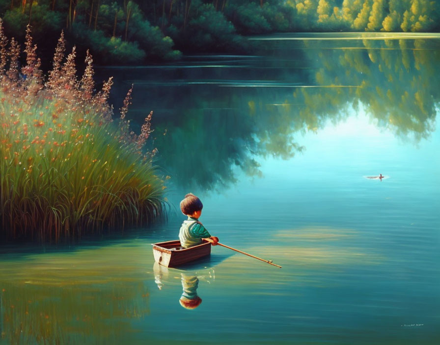 Boy fishing in small boat on serene lake with lush surroundings