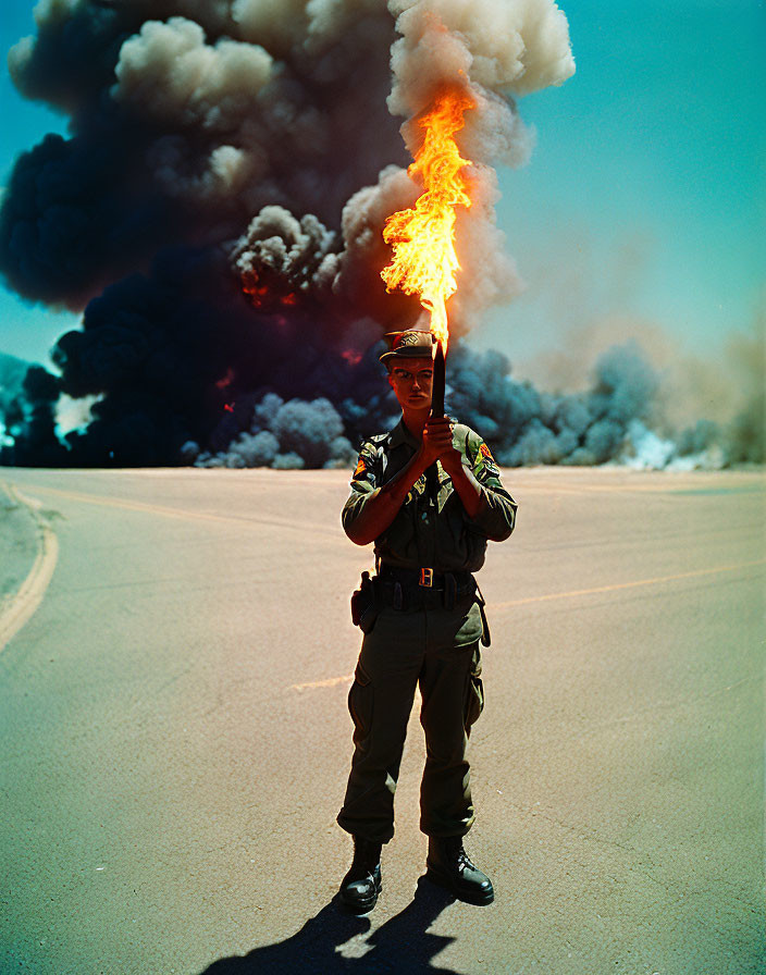 Soldier in uniform holding flare with smoke and fire background.