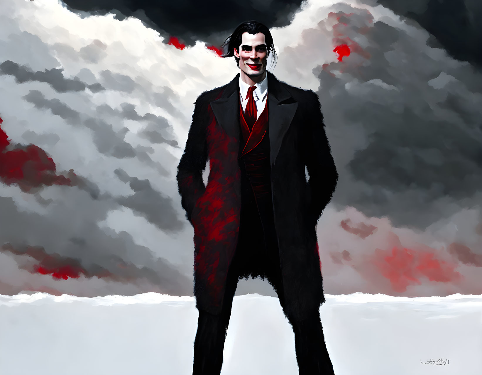 Male figure with wide grin in dark coat and red shirt against ominous clouds