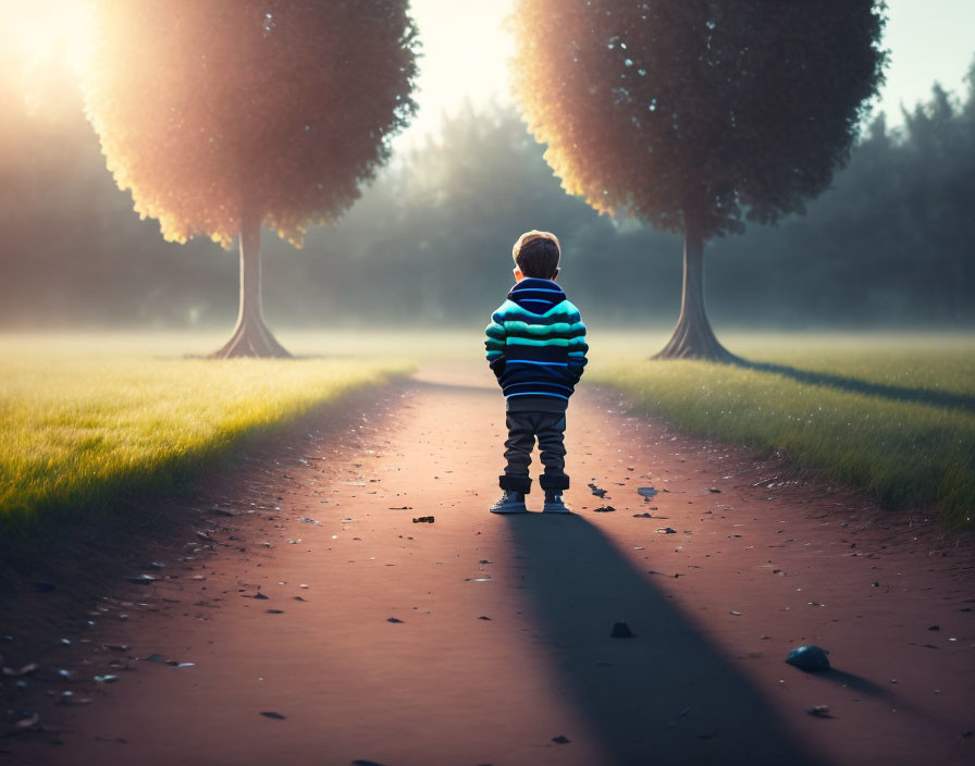 Child in Striped Hoodie on Misty Tree-Lined Path