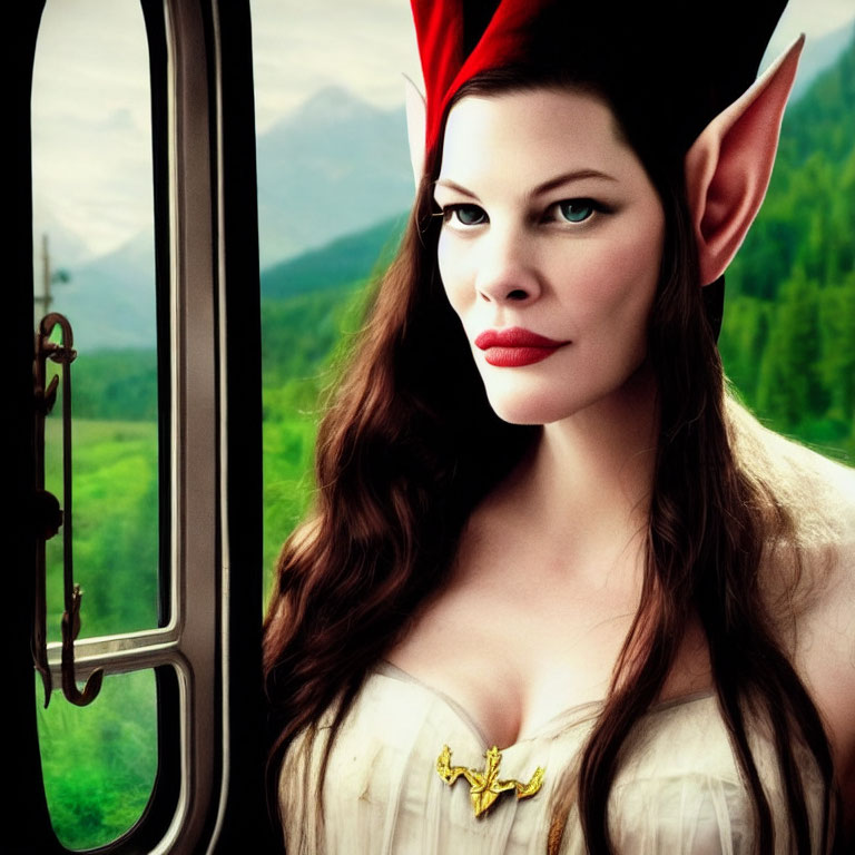 Pointy-eared woman in red headpiece gazes from train window at serene green landscape