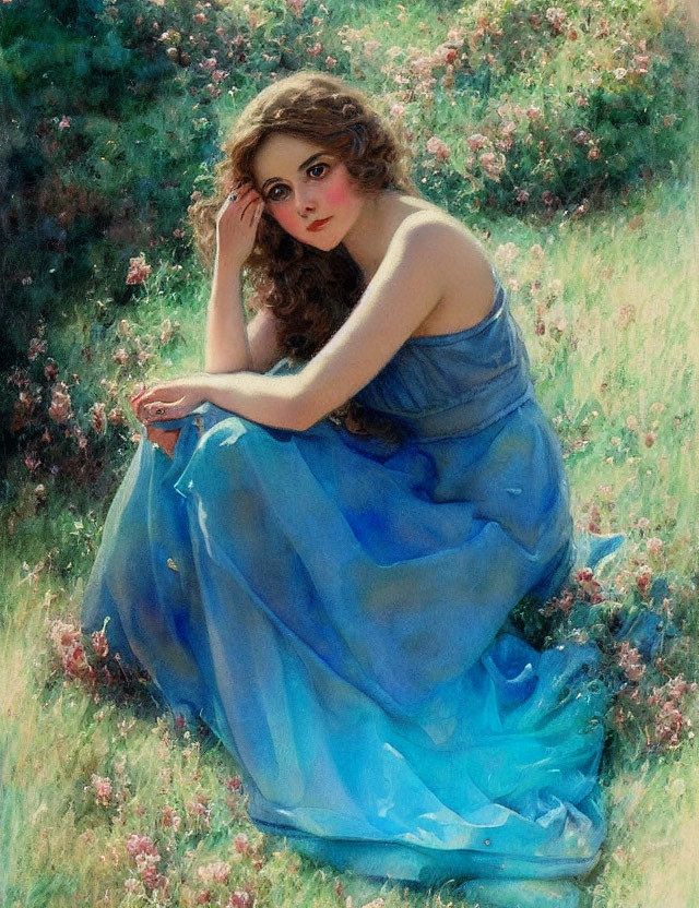 Woman in Blue Dress Surrounded by Blossoms and Greenery