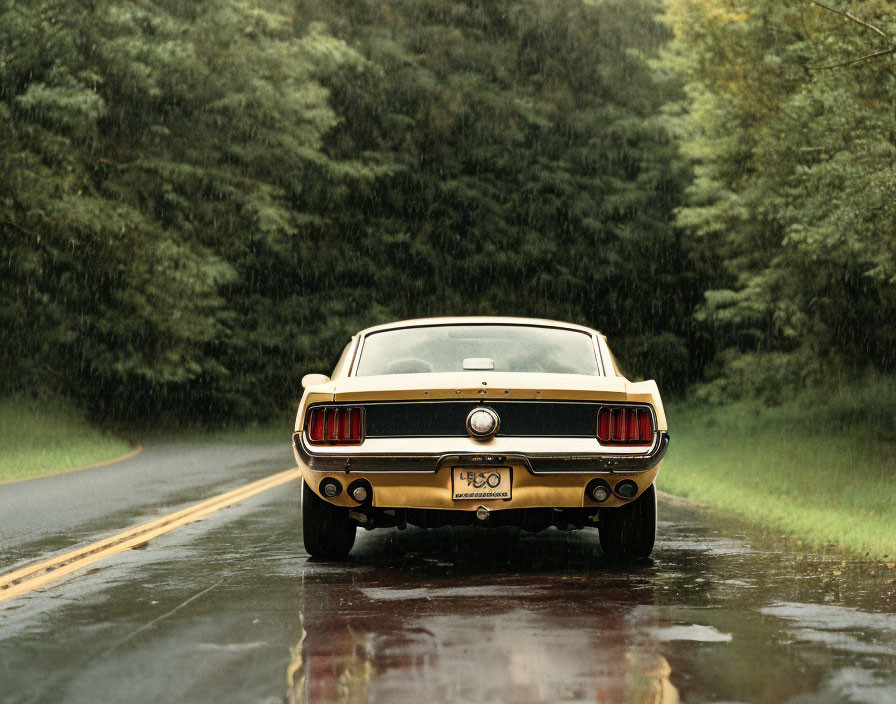 Vintage muscle car in rainy setting with green surroundings