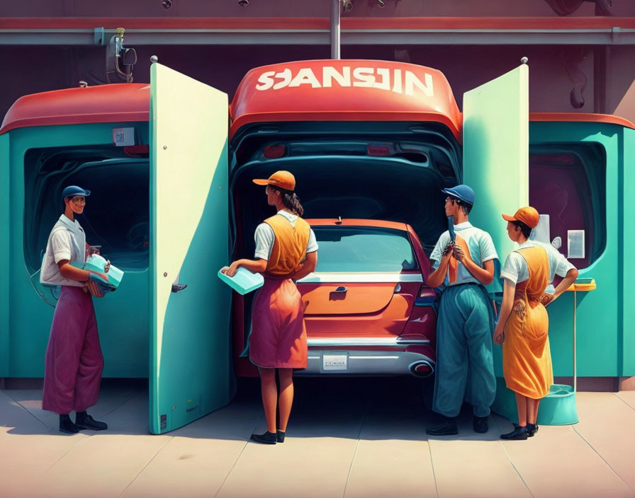 Vintage car serviced by four individuals in retro uniforms at gas station with "SANSIN" branding.