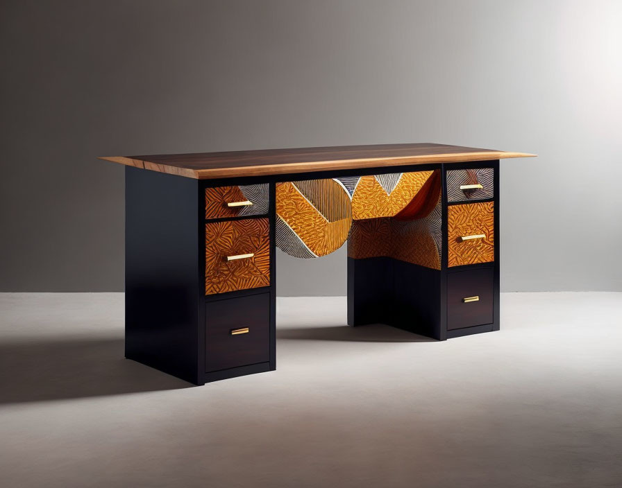 Contemporary Wooden Desk with Black Finish and Patterned Side Panels