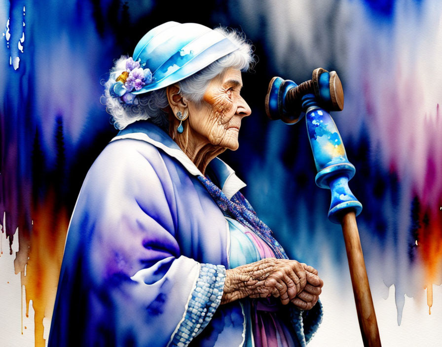 Elderly Woman in Blue Hat and Coat with Walking Stick on Abstract Watercolor Background