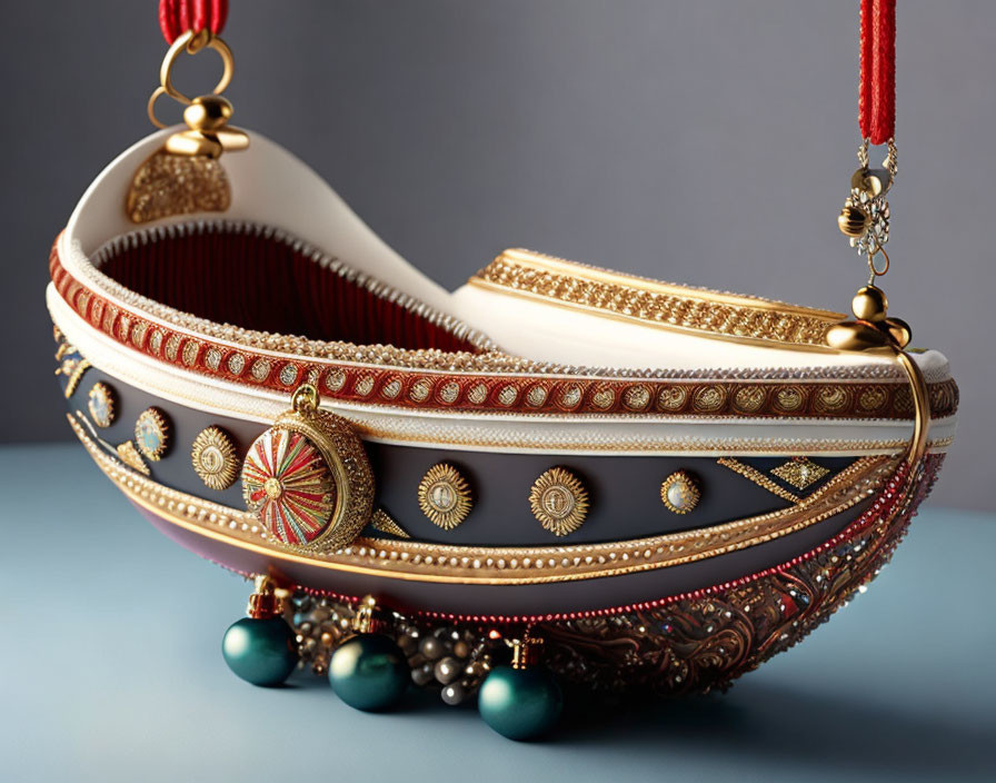 Intricate Boat-Shaped Jewelry with Gold Patterns and Colorful Stones