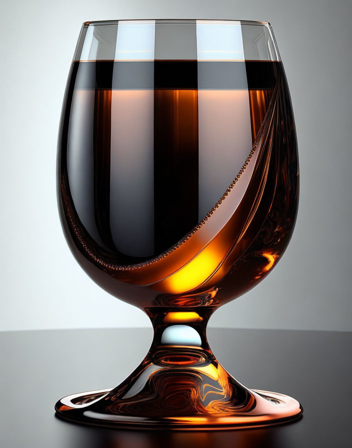 Shiny snifter glass with dark amber liquid on gradient background