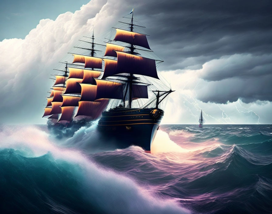 Majestic sailing ship on violet seas under dramatic sky