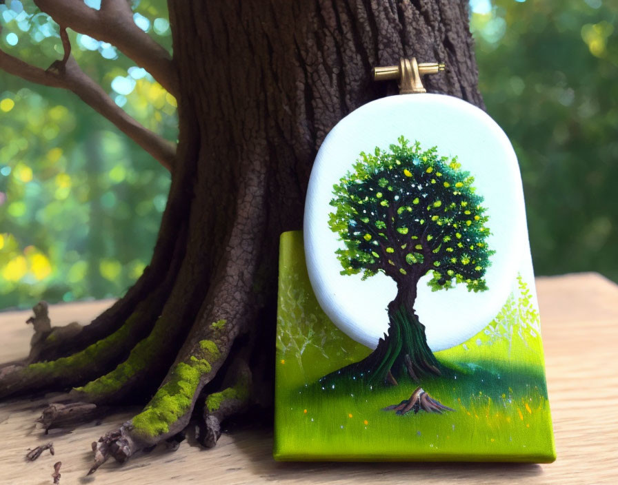 Miniature painting of vibrant tree on oval canvas against real tree background