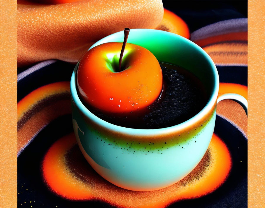 Colorful orange apple in teal coffee cup on warm striped cloth