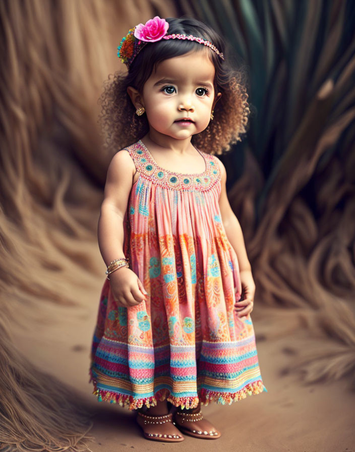 Curly-Haired Toddler in Floral Dress on Earth-Toned Background