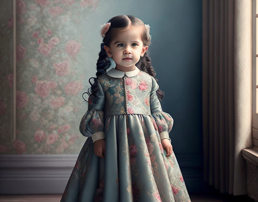 Young girl in vintage floral dress with lace cuffs, white collar, pink flowers in hair, against rose