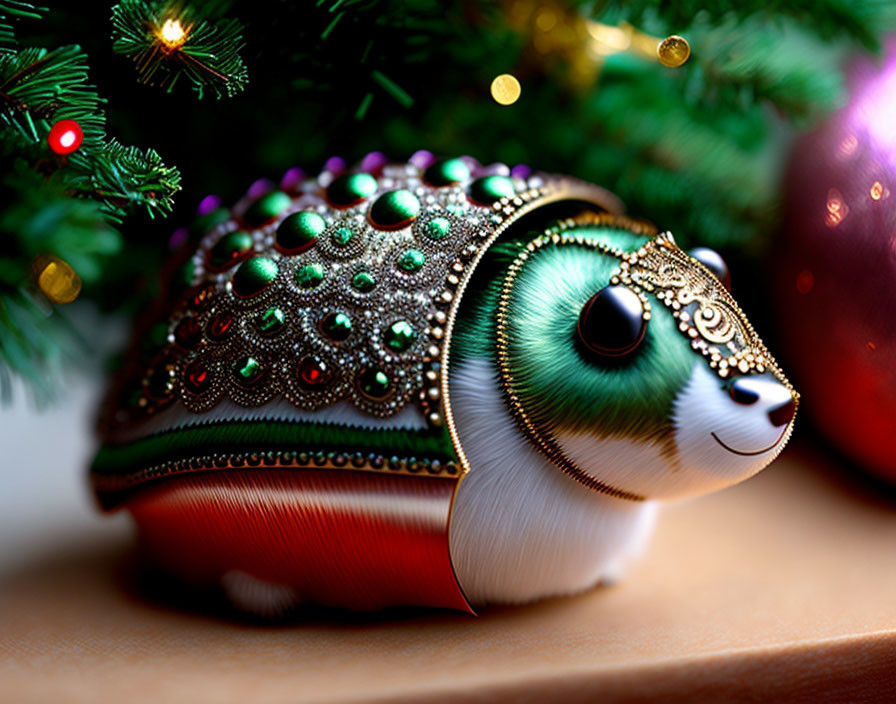 Jeweled turtle-shaped Christmas ornament near festive tree