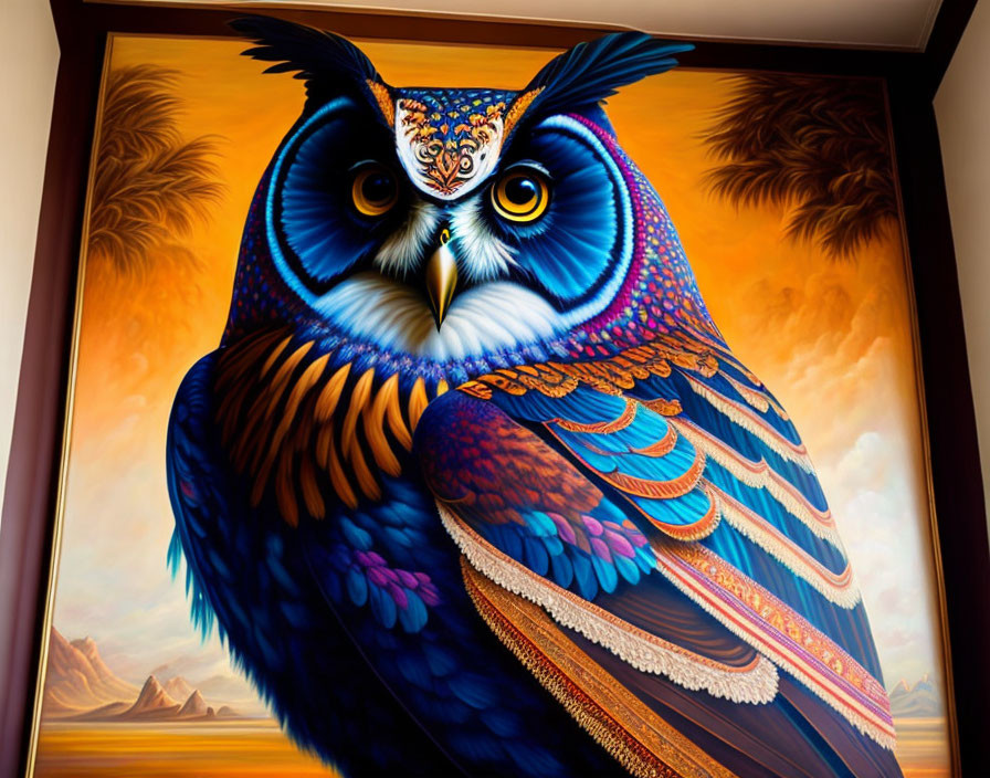 Colorful Owl Painting with Sunset Background Displayed on Wall