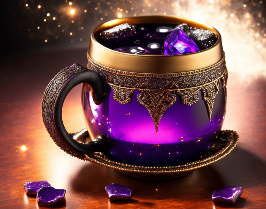 Purple and Gold Cup with Dark Liquid and Ice Cubes on Bokeh-lit Background