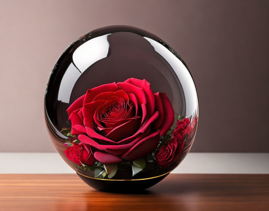 Polished crystal ball with red roses on wooden surface