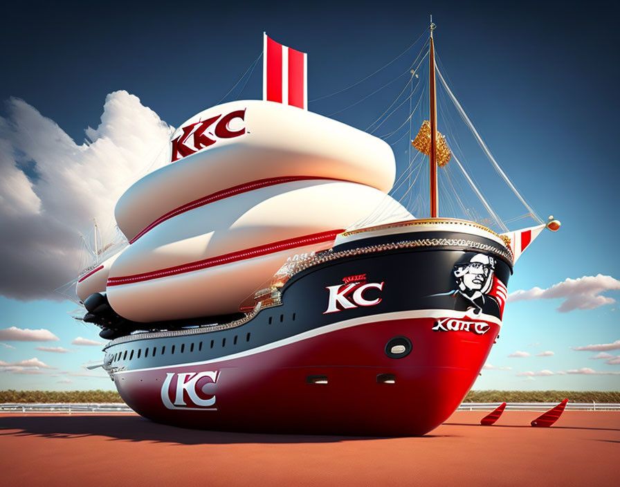 Red and White Striped Ship with KFC Logo Sails Docked in Clear Sky