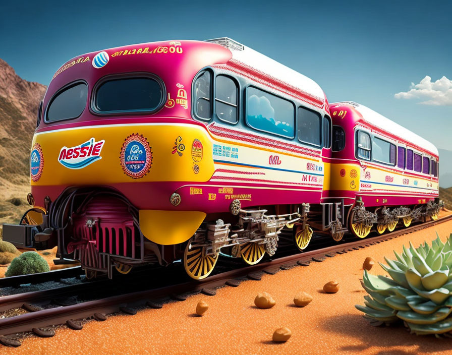 Colorful Nestlé-branded train in candy-themed desert landscape