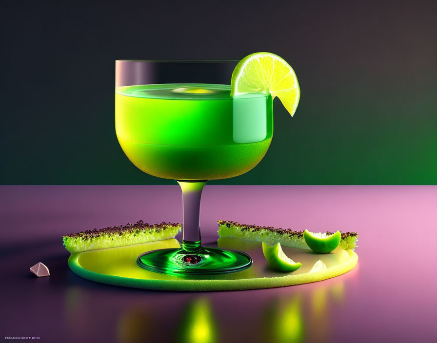 Neon-lit surface showcases vibrant green cocktail with lime wedge