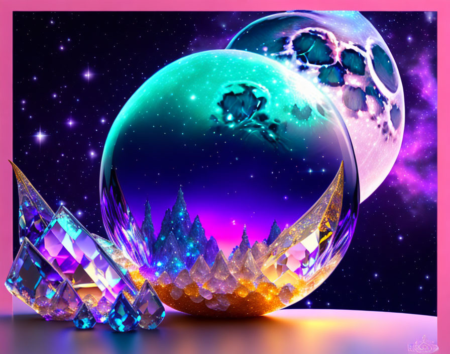 Fantasy scene with vibrant cosmic background and reflective orbs in crystal-encrusted landscape