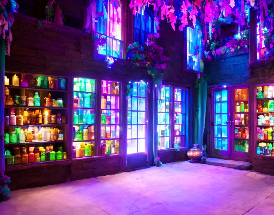 Colorful Interior with Shelves, Stained Glass Windows, and Floral Decorations