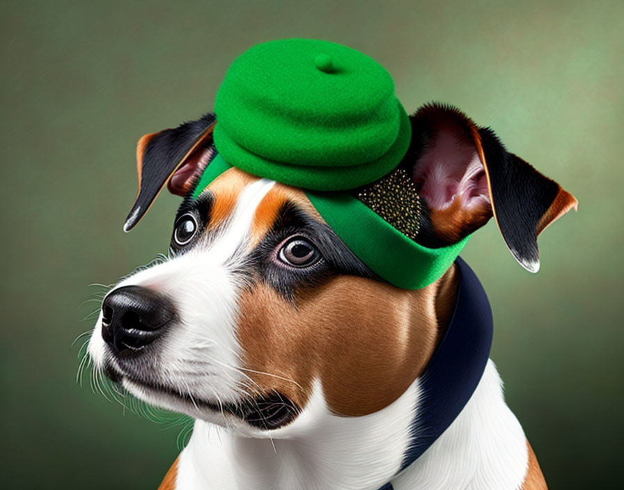 Jack Russell Terrier in Green Beret on Gradient Green Background