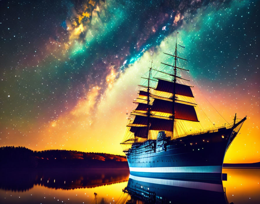 Sailing ship on calm lake under vibrant starry sky