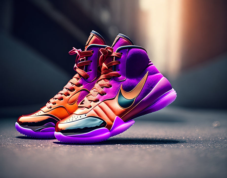 Orange and Purple Nike Basketball Sneakers on Urban Background