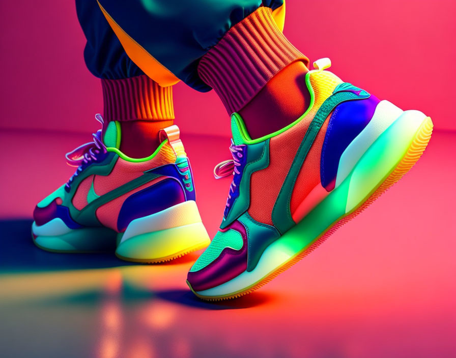 Multicolored Neon Sneakers on Pink and Blue Gradient Background