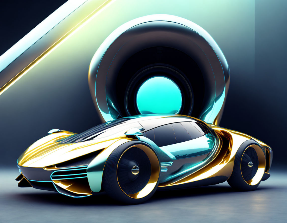 Futuristic Golden and Black Car with Illuminated Blue Elements