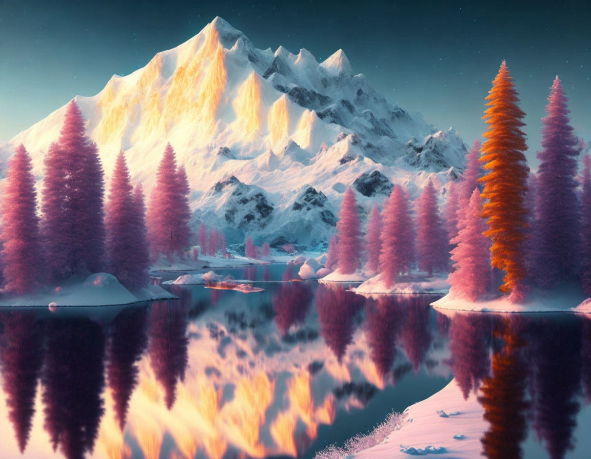 Snow-capped mountains, reflective lake, pink-hued trees in twilight.