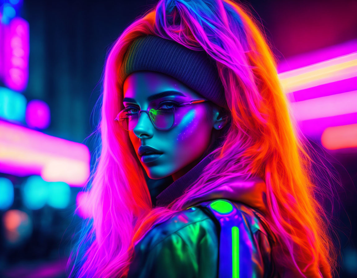 Neon-haired woman with glasses in vibrant pink and blue lights