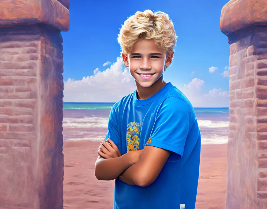 Blond boy in blue shirt between stone pillars at beach